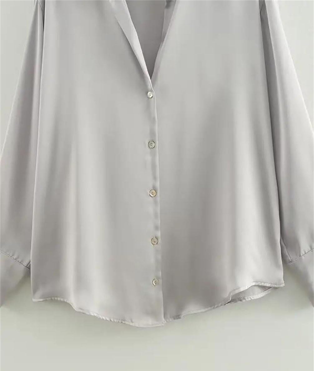 Camicia da donna in raso di seta multicolore a maniche lunghe a righe scozzese tinta unita casual vestibilità ampia camicia