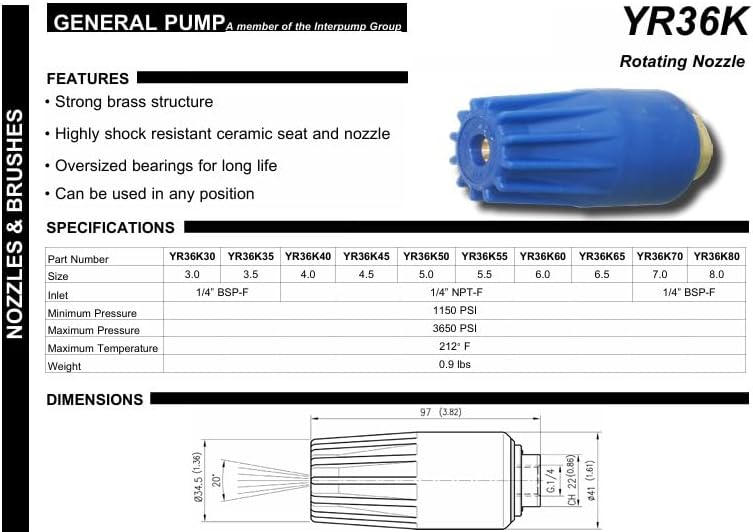 General Pump YR36K 3650 PSI Turbo Nozzle, Shock Resistant Ceramic Internal Stabilization Spring (5.0)