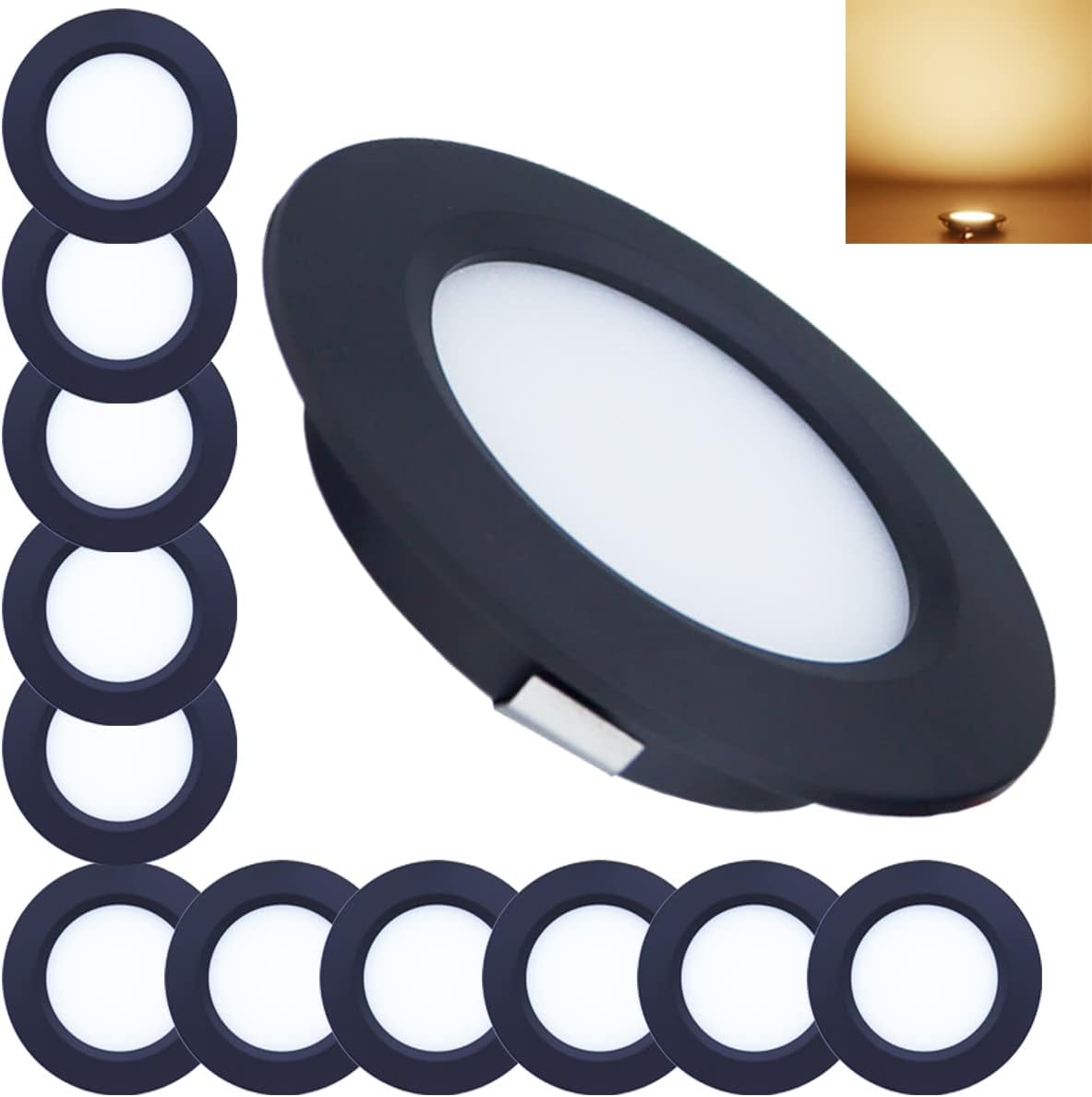 12 Volt LED Lights RV Interior Recessed Lights Under Cabinet Ceiling Lighting Black Finish 3w Pack of 12 (Warm White)