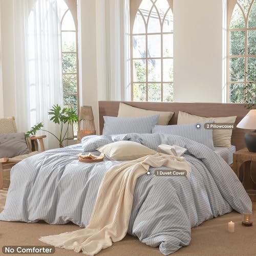 Image of MooMee Striped Duvet Cover Set 100% Washed Cotton Linen Like | Relaxed Linen-like Texture. Soft, Breathable & Long-lasting Comfort. Lightweight. Hidden Zipper with 8 Interior Corner Ties
