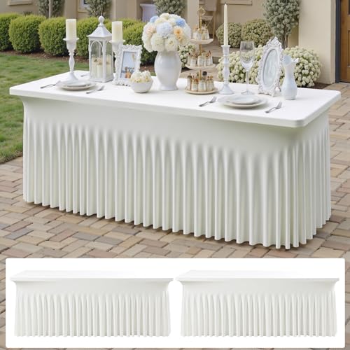 Image of 2 pk Ivory Spandex Tablecloth 6ft with Ruffle Skirts,Wrinkle Free High Stretch Cream Fitted Tablecloths for 6 Foot Rectangle Tables,Elastic Spandex Table Covers 6 ft for Parties Weddings Banquet