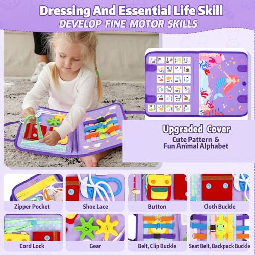 Esjay Toddler Busy Board, Montessori Toys Busy Book, Sensory Board Birthday Gifts for 3+ Years Old Girls Boys, Learning Educational Toy for Fine Motor Skills, Travel Activities for Airplane Car