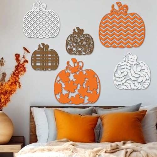 CroBlissful 6 Pcs Fall Wooden Pumpkin Wall Decor Thanksgiving Pumpkin Wall Art Fall Wooden Sign with Hook Autumn Hanging Sculptures for Home Farmhouse Thanksgiving Indoor Outdoor Decorations