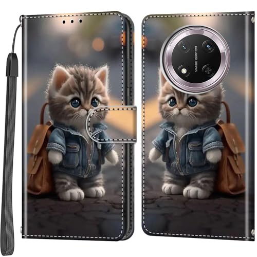 Étui portefeuille pour Honor Magic7 Lite et X60 Pro avec clapet magnétique motif chat