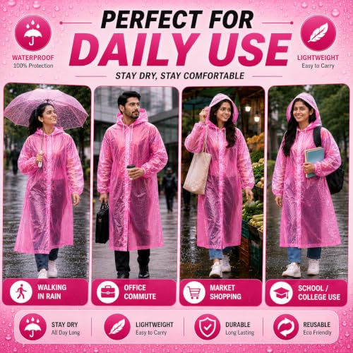 Image of Full Length Waterproof Raincoat for Men & Women | Hooded Transparent Rain Wear with Sleeves | Reusable Long Rain Jacket for Bike Riding, Travel, Camping & Monsoon Protection
