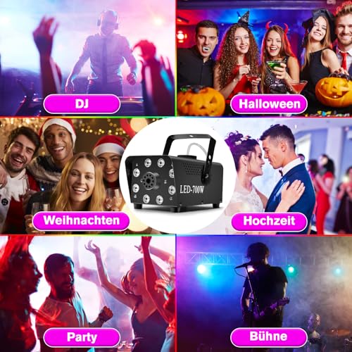 Katomi 700W Nebelmaschine RGB Effekt,13 Farbigen 8 LED Licht Smoke Machine,Mini Fog Rauchmaschine mit 2 kabelgebundenen und Funkfernbedienungen für DJ Disco Party,Halloween,Hochzeiten Weihnachten