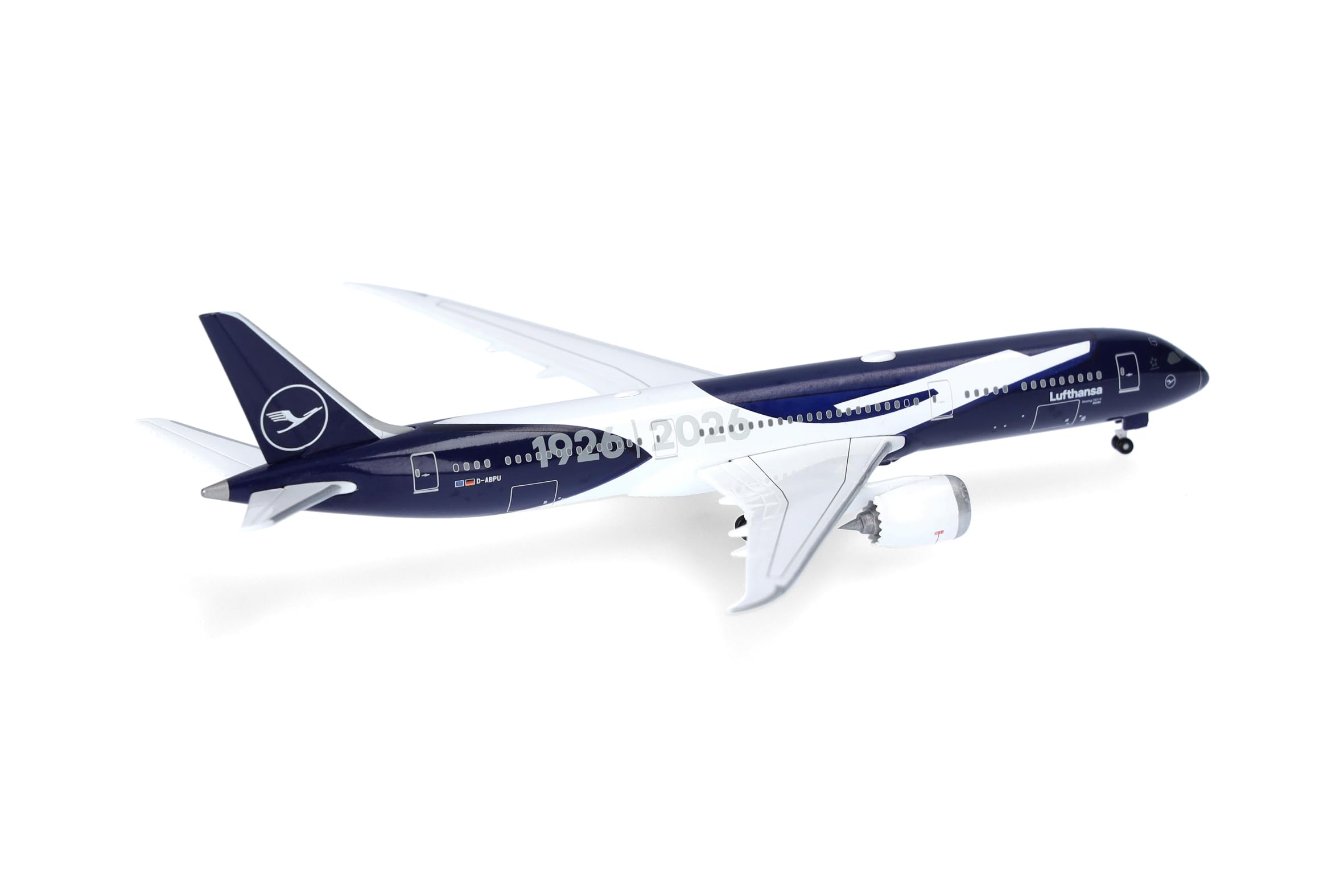 Herpa Miniatura del avión Lufthansa Boeing 787-9 Dreamliner 100 años, Escala 1/500, Modelo prefabricado, maqueta de colleción, modelismo, Avion sin Soporte, Figura Metal