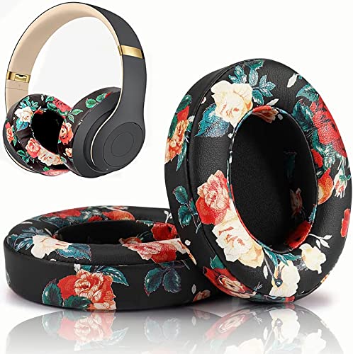 Coussinets de Rechange pour Casque Beats Studio 2 & 3 Filaire et Sans Fil - Mousse à Mémoire de Forme avec Pièces en Cuir Protéiné Souple, Noir Floral