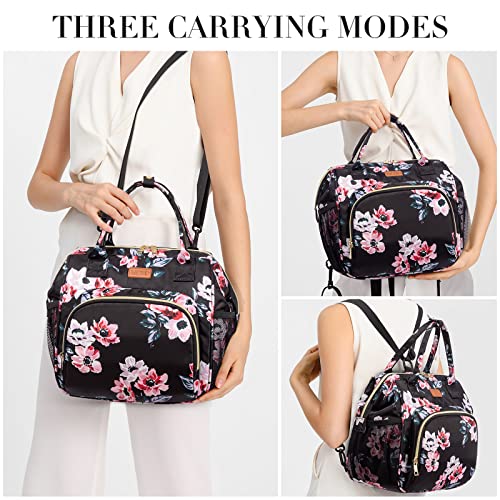 Image of MCBD Women's Lunch Tote, 3 Carrying Way Insulated Lunch Box, Leakproof Reusable Cooler Backpack with Adjustable Shoulder Strap, Black Flower