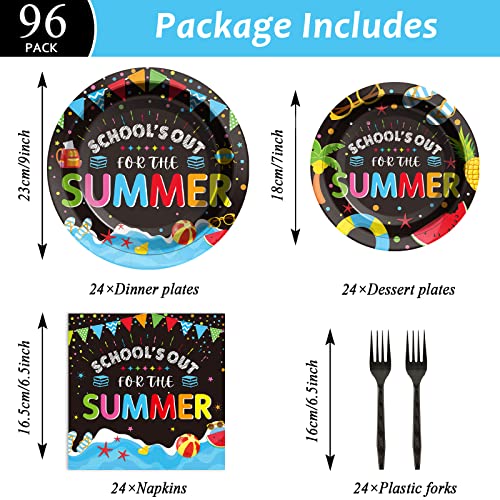Image of 96 Pieces End of School Year Theme Tableware Set for Kids Class Summer Table Decorations Supplies School's Out Dessert Plates Napkins Forks for 24 Guests Tropical Beach Pool Disposable Party Favors