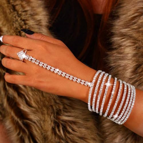 Rhinestone Hand Harness Sparkle Crystal Hand Jewelry Silver Shiny Finger Ring Bracelets Full Hand Link Bracelets Hand Chain Hand Accessories for Women(Silver-5)3