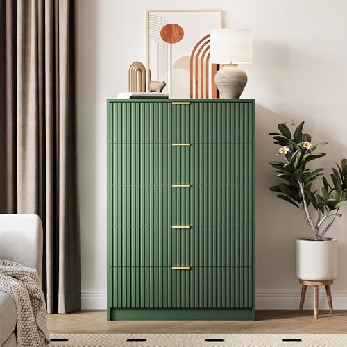 Image of MAISONARIA 5 Drawer Dresser for Bedroom, Tall Dresser Chest of Drawers with Gold Handles, 32 Inch Wide Nightstand with for Bedroom, Living Rooms, Offices, and Entryways, Green