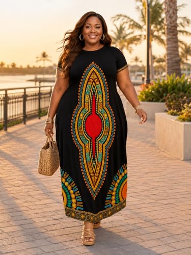Image of Plus Size Maxi Dress for Women Short Sleeve V Neck Casual Loose Sundress with Pockets