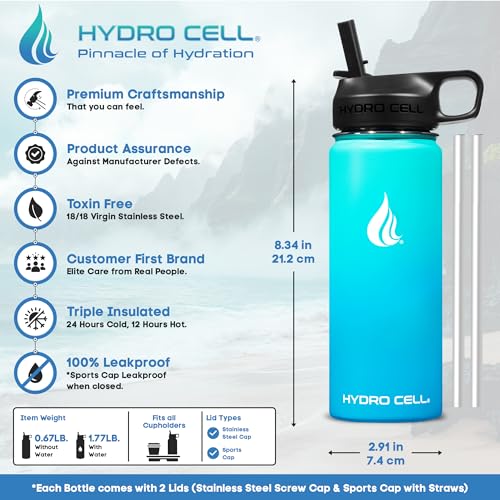 Image of HYDRO CELL Stainless Steel Insulated Water Bottle with Straw - For Cold & Hot Drinks - Metal Vacuum Flask with Screw Cap and Modern Leakproof Sport Thermos for Adults (Teal /Blue 18oz)