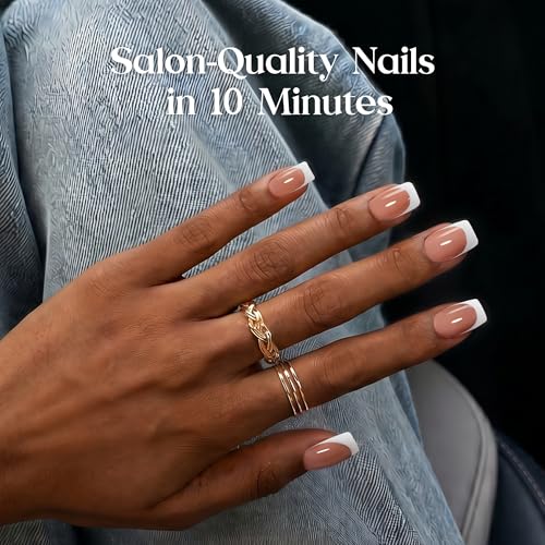 Image of Beetles Brown French Tip Press on Nails Short Square, 64 PCS Nude Fake Nails with Nail Glue & Adhesive Tabs, Glossy Reusable False Nails Kit, 16 Sizes DIY Home Salon Manicure for Women Girls