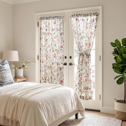 Image of jinchan Hattie Floral French Door Curtain 72 Inch Length Vintage Cottage Core Farmhouse Linen Decor for Glass Door Light Filtering 1 Panel with Tie Up Bow Rod Pocket Beige