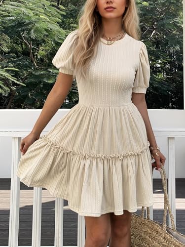 Image of Mieazom Women's Puff Sleeve Ruffle Dress, Brown Cotton Blend Mini Dress with Pockets, Elastic Waist & Flowy Fit