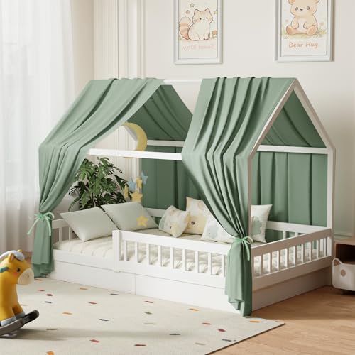 Roerf Ciel de Lit Cabane pour Maison Ensemble 2 Pièces Rideaux Lit Cabane Garçon Fille Décoration de Chambre 67 x 270 cm Vert