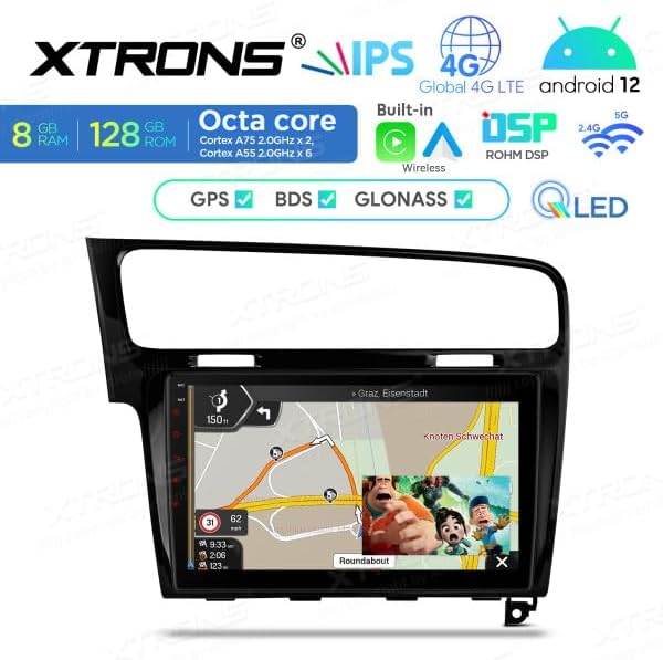 XTRONS IXP12GFVL unit displaying a navigation map with a route, current speed, and estimated time of arrival.