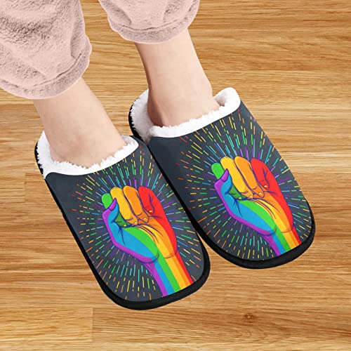visesunny Rainbow Colored Hand Fist Raised Gay Cozy Fuzzy Mens Womens Memory Foam House Slippers Plush Fleece Indoor Outdoor Slipper4