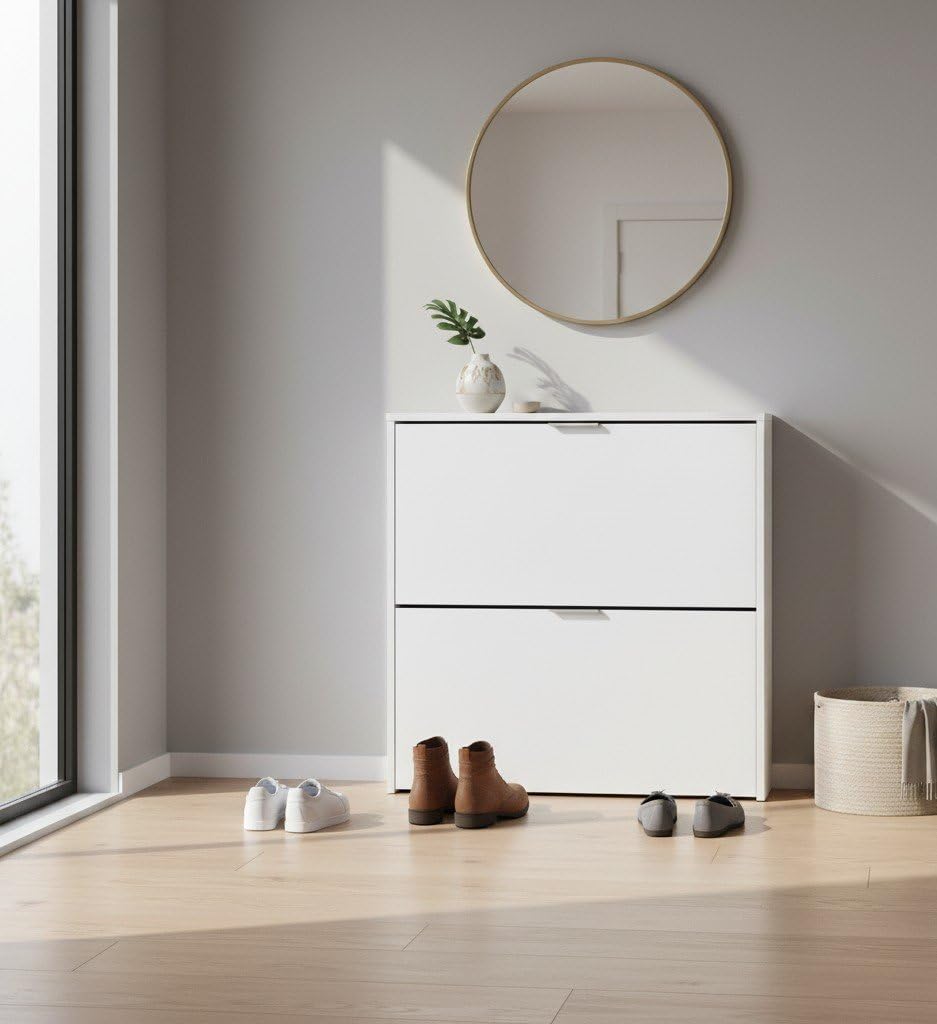 Dmora Scarpiera Louisville 22x75x76h cm Bianco 16 Paia 2 Ante, Mobile Portascarpe 4 Vani