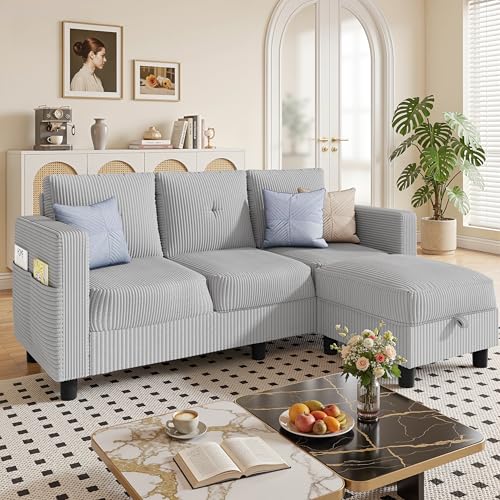 JAMFLY Convertible L-Shaped Sectional Sofa with Reversible Storage Ottoman, 3-Seat Couch with Side Pockets, Modern Compact Furniture for Small Apartments, Studios & Lofts, Light Grey