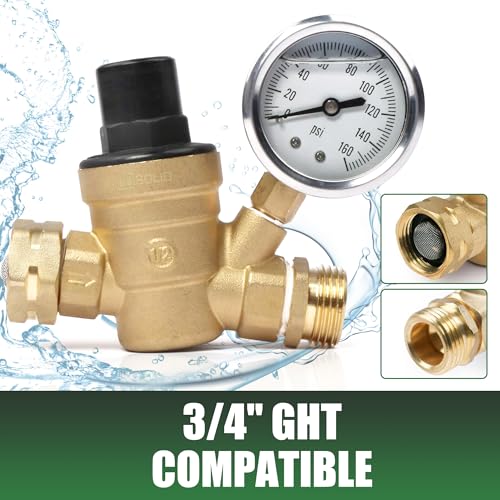 Image of U.S. Solid 3 /4 in GHT RV Water Pressure Regulator, Screwdriver-Adjustable Lead-Free Brass Valve with 0-160 psi Gauge and Inlet Filter, for RV Camper Trailer and Garden Hose