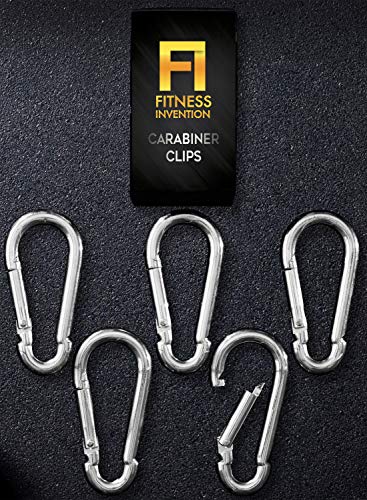 Fitness Invention Carabiner Clip Set of 5 - Multi-Purpose Heavy Duty Carabiner Clips - Snap Hook Clips 3.2 Inch - Stainless Steel Carabiner - D Ring Clips - Spring Clips - Metal Clips