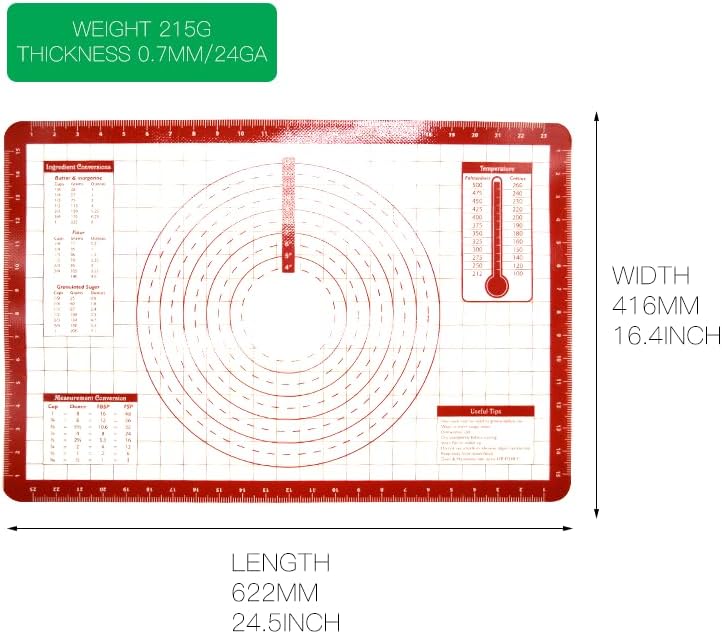 4 Pack Full Size 24.5"x16.4" Silicone Baking Mat with Measurements for Oven Baking 450F (Red), Non-Stick Food Safe Dough Pie Fondant Oven Liner, Extra Thick 0.7MM 24GA