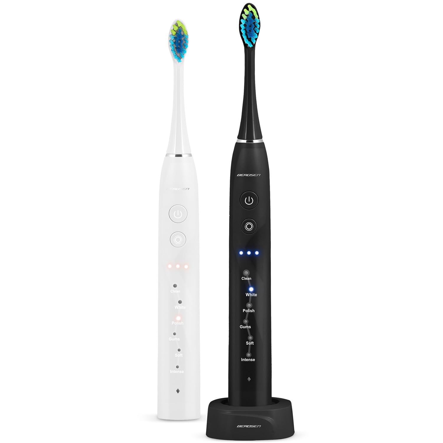 Berdsen Cepillo de dientes eléctrico - Paquete doble - Cepillos de dientes sónicos - 6 modos de cepillado - 3 niveles de intensidad - 6 cabezales - negro - blanco