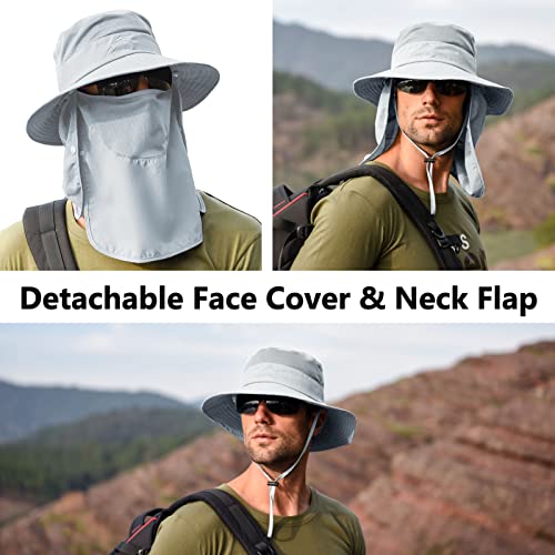 Upf 50+ Sun Fishing Hat For Men Women Wide Brim Hat With Detachable Face Cover & Neck Flap Light Grey #TOP1