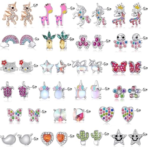 Image of 30 Pairs Hypoallergenic Earrings for Girls Sensitive Ears with Stainless Steel Post -Assorted Cute Stud Earrings for Teens Girls Women