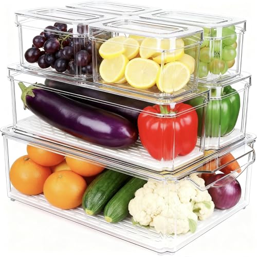 LDHHYH 7 Pack Fridge Storage Containers with Lids, Fridge Organisers Stackable Refrigerator Organizer Storage, Clear Plastic Fridge Storage Containers for Freezer, Pantry, Cabinet