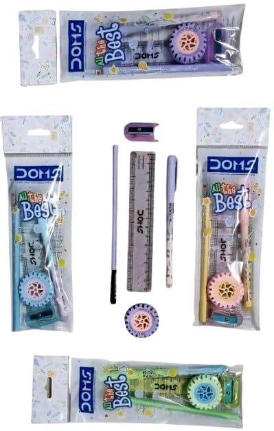 Image of Doms All The Best Stationery Kit| Includes 1 Each- Inxify Plus Ballpen Blue Ink, 15 Cm. Scale, Triangular Extra Dark Wooden Pencil, Long Point Sharpener & Tyre Shape Eraser| For Daily Use| Pack of 10