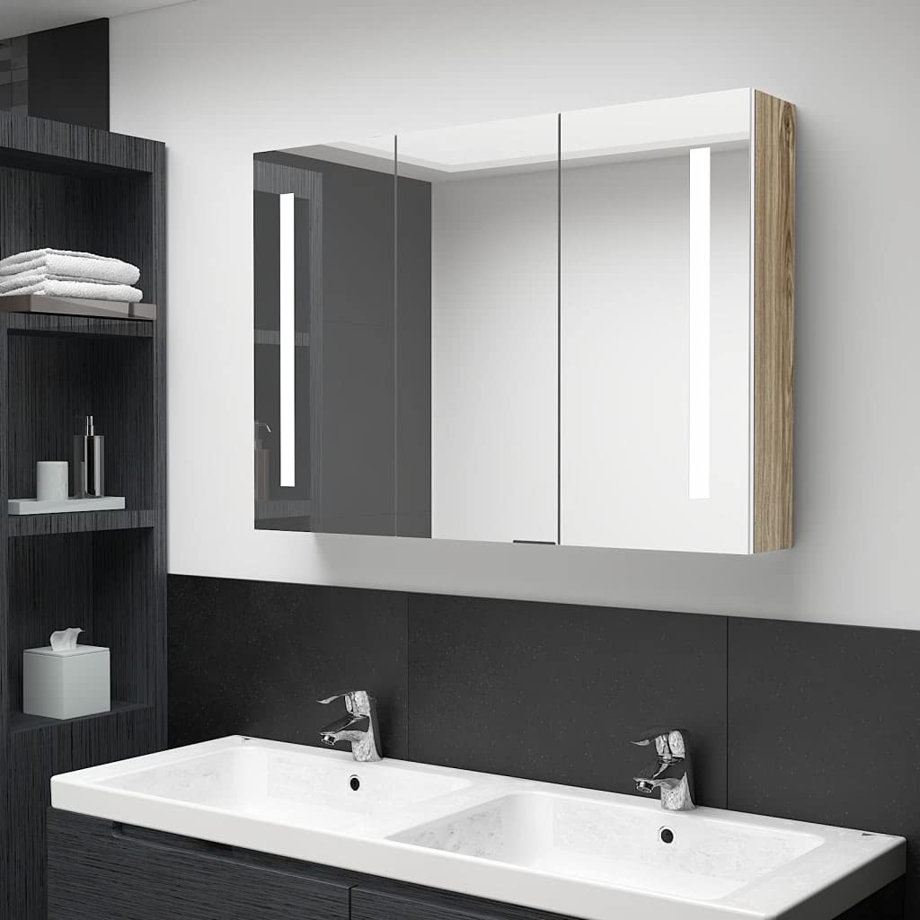 Szafka łazienkowa z lustrem LED, 89 x 14 x 62 cm, biała i dębowa, szafka łazienkowa