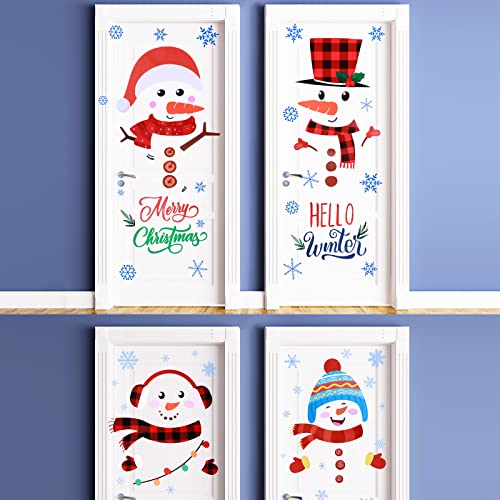10 Sheets Christmas Door Stickers Large Snowman Xmas Door Decals Refrigerator Stickers Christmas Fridge Decorations Snowman Window Stickers with Snowflake Decals