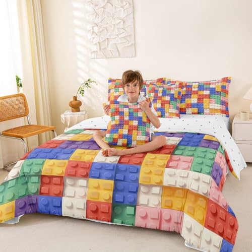 Image of Feelyou Building Block Print 7 Piece Bedding Set Full Size Kids Brick Styles Comforter Set with Sheets for Boys Teens Colorful Gaming Bed in a Bag Green Red Yellow Blue Room Decor