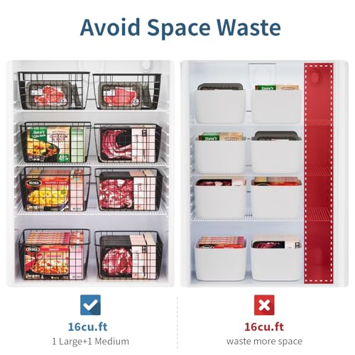 Image of iSPECLE Freezer Organizer Bins - 4 Pack Upright Freezer Baskets for 16 /17 /21 Cu.Ft Stand Up Freezer, Wire Storage Slide-Out Access, Prevents Items Falling, 2 Large and 2 Medium, Black