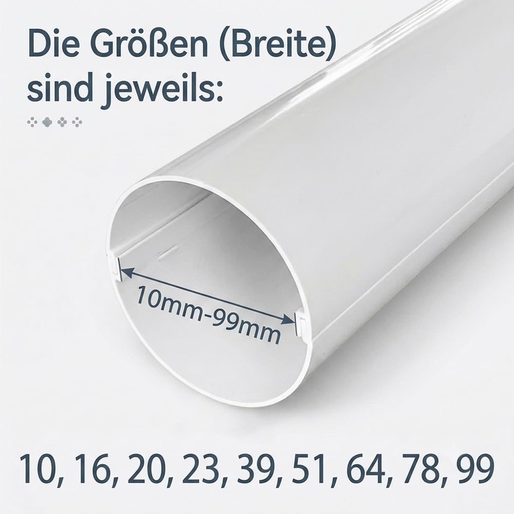 Canaleta para cables circular de PVC blanco (2 unidades, 2 x 1 m), diseño de dos piezas con cierre a presión, montaje sin herramientas, ignífugo, revestimiento de cables y cubierta de tubo para hogar