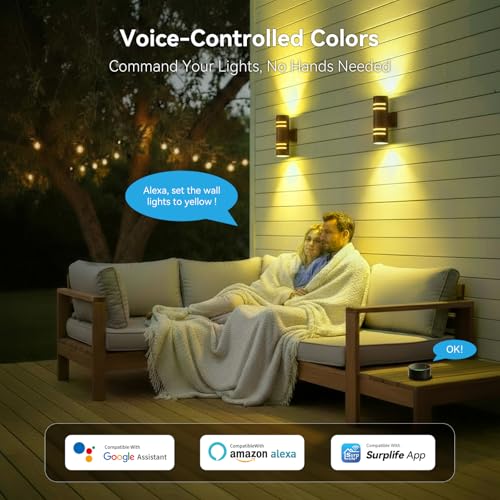 MZLITI Smart Color Changing Outdoor Wall Sconce, RGB Up and Down Lights with Remote & App Control, Compatible with Alexa & Google Assistant, Weatherproof Black Fixture for Porch, Patio, and Garage — view 6