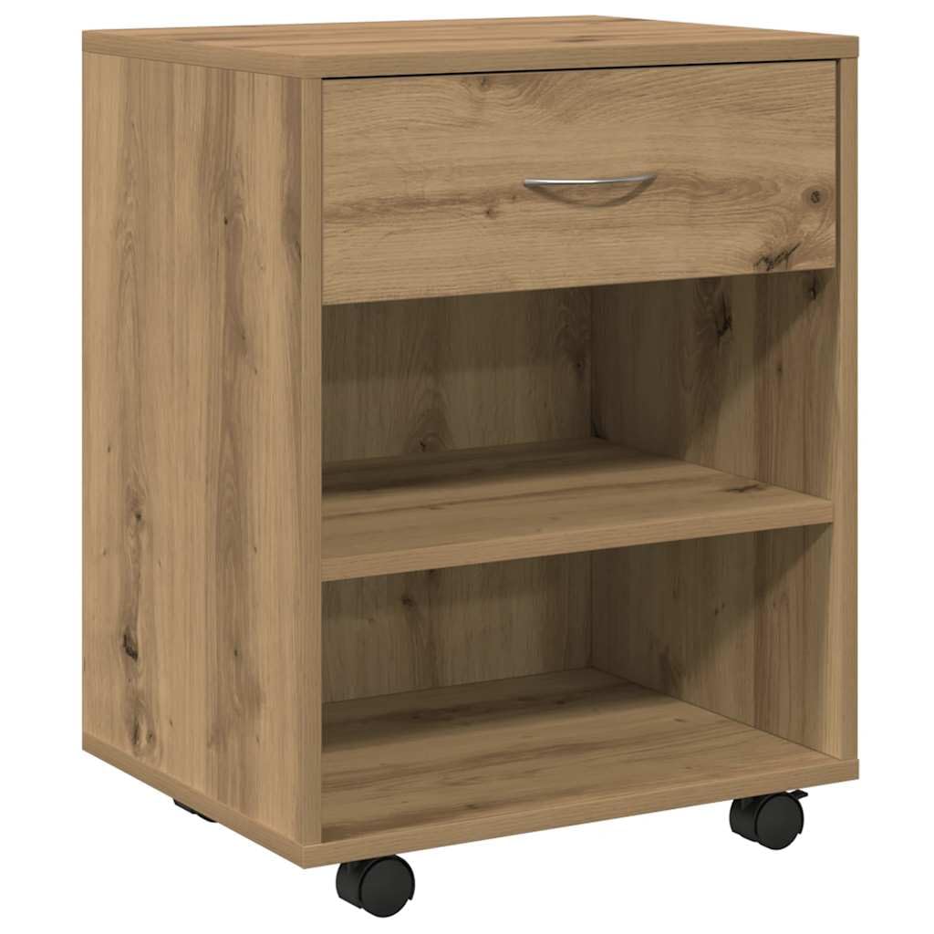 Caisson à roulettes en chêne artisanal, 46 x 36 x 59 cm, en bois avec tiroir et compartiments ouverts, espace de rangement pour bureau et salon, armoire d'appoint avec roulettes verrouillables