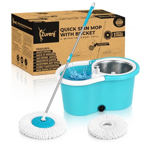 Image of Zureni BM01 Bucket Quick Spin Mop with 2 Microfiber Wet Dry Mophead Floor Cleaning Pocha Extendable Handle Removable Steel Wringer 360 Cleaner Mopping Set (Random Colour)