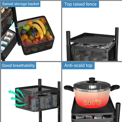 Image of Fun Homes 5 Layer Square Metal Vegetable Rack for Kitchen | Rotating Fruits & Pantry Items Stand | Multipurpose Kitchen Mesh Trolley Storage Rack with Wheels for Home | Onion-Potato Stand | Black