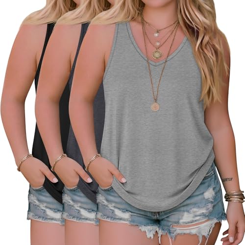 Yearntown 3 Pack Womens Plus Size Tank Tops Racerback Sleeveless Shirts Summer V Neck Tops Loose Fit Casual Athletic Tanks(Black Dark Gray Light Gray 3X-Large)