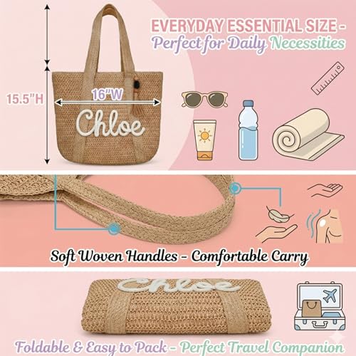 Bolsa grande de playa personalizada de paja para mujer miniatura 6