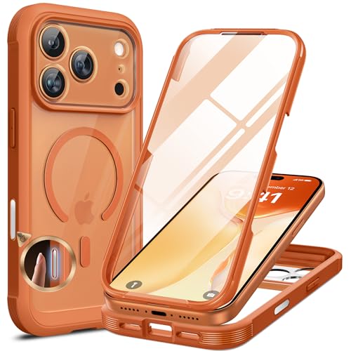 Image of Miracase for iPhone 17 Pro Max Case 6.9 inch Full-Body Phone Case with Built-in Glass Screen Protector& Full Camera Protector,[Magnetic with MagSafe] Drop Proof 17 ProMax Cover, Orange