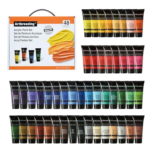 Artbreezing Acrylic Paint Set 48 Colors 0.74 oz/22ml Tubes Highly Pigment Art Paints for Canvas Wood Fabric Paper Giftable Choice for Artists Beginner to Pro (48 Colors)