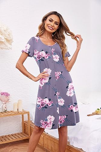 Image of Ekouaer Women's Nightshirt Short Sleeve Button Down Nightgown V-Neck Sleepwear Pajama Dress
