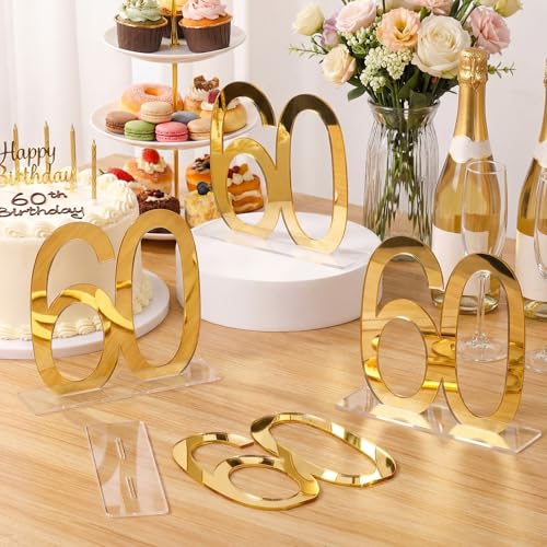 Image of Threehoney 6 Pcs Mirror Gold 60th Birthday Decorations for Men and Women Acrylic Anniversary Decorations Table Numbers Centerpieces for Birthday Party