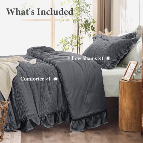 Image of JOLLYVOGUE Dark Grey Twin /Twin XL Comforter Set,3pcs Seersucker Bed Set | OEKO-TEX Certified, All Season, Down Alternative Fill, Lightweight Bedding Set with Ruffle Comforter & Pillowshams, Easy Care